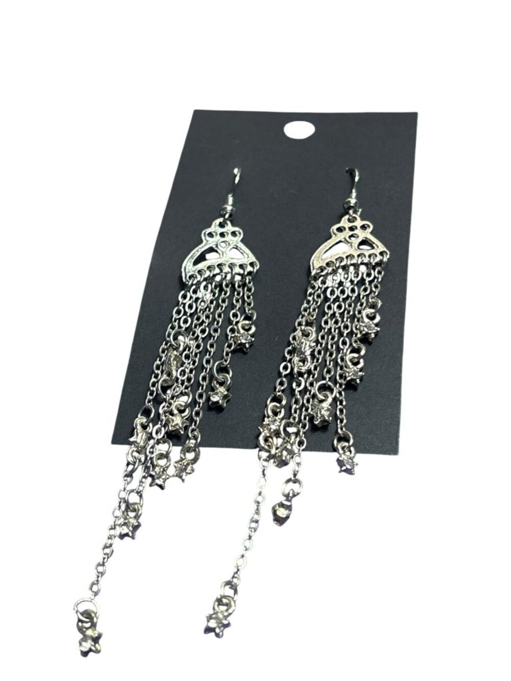 Vintage 90s Silvertone Chain Fringe Dangle Earrings Stars Clear Rhinestones 3.5"